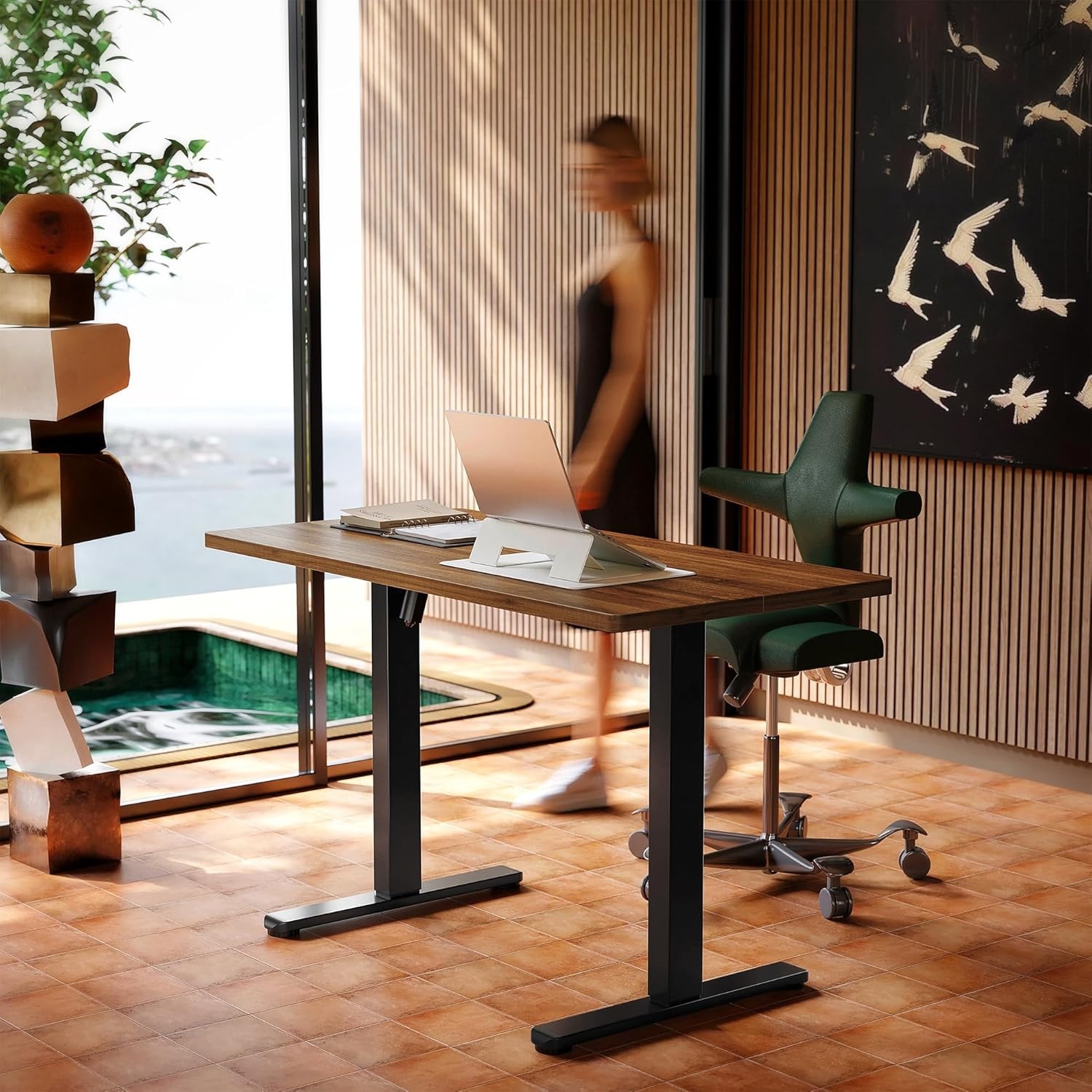 image:imageHUANUO 55 x 28 inch Electric Standing Desk Adjustable Height 4 Memory Height Settings Sit Stand Up Desk for Home Office amp Computer Workstation WhiteRustic Brown