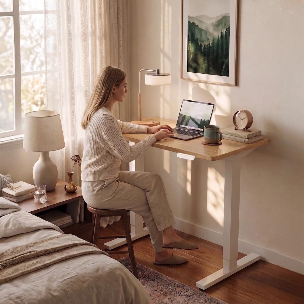 image:imageHUANUO 55 x 28 inch Electric Standing Desk Adjustable Height 4 Memory Height Settings Sit Stand Up Desk for Home Office amp Computer Workstation WhiteNatural
