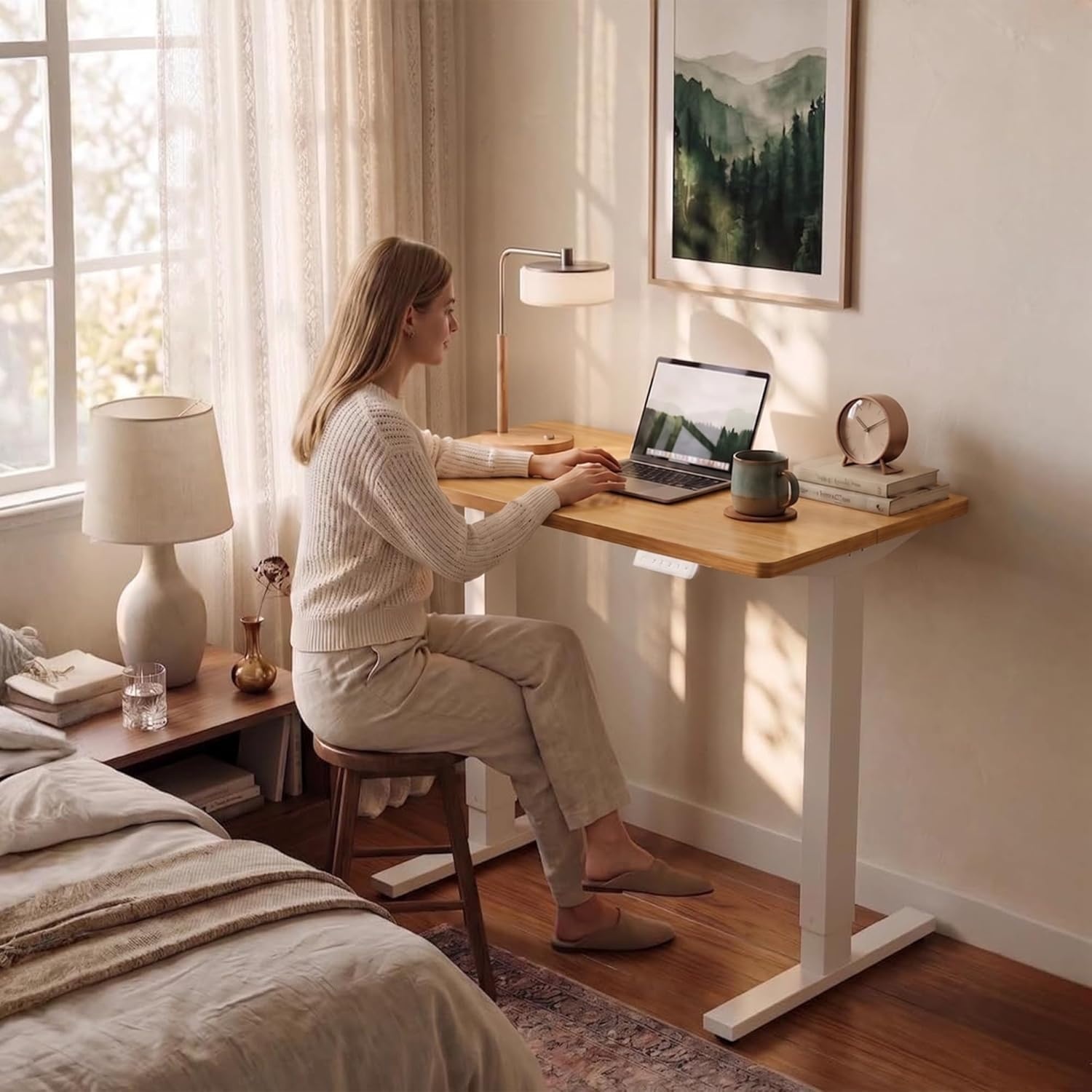 image:imageHUANUO 55 x 28 inch Electric Standing Desk Adjustable Height 4 Memory Height Settings Sit Stand Up Desk for Home Office amp Computer Workstation WhiteLight Vintage Brown