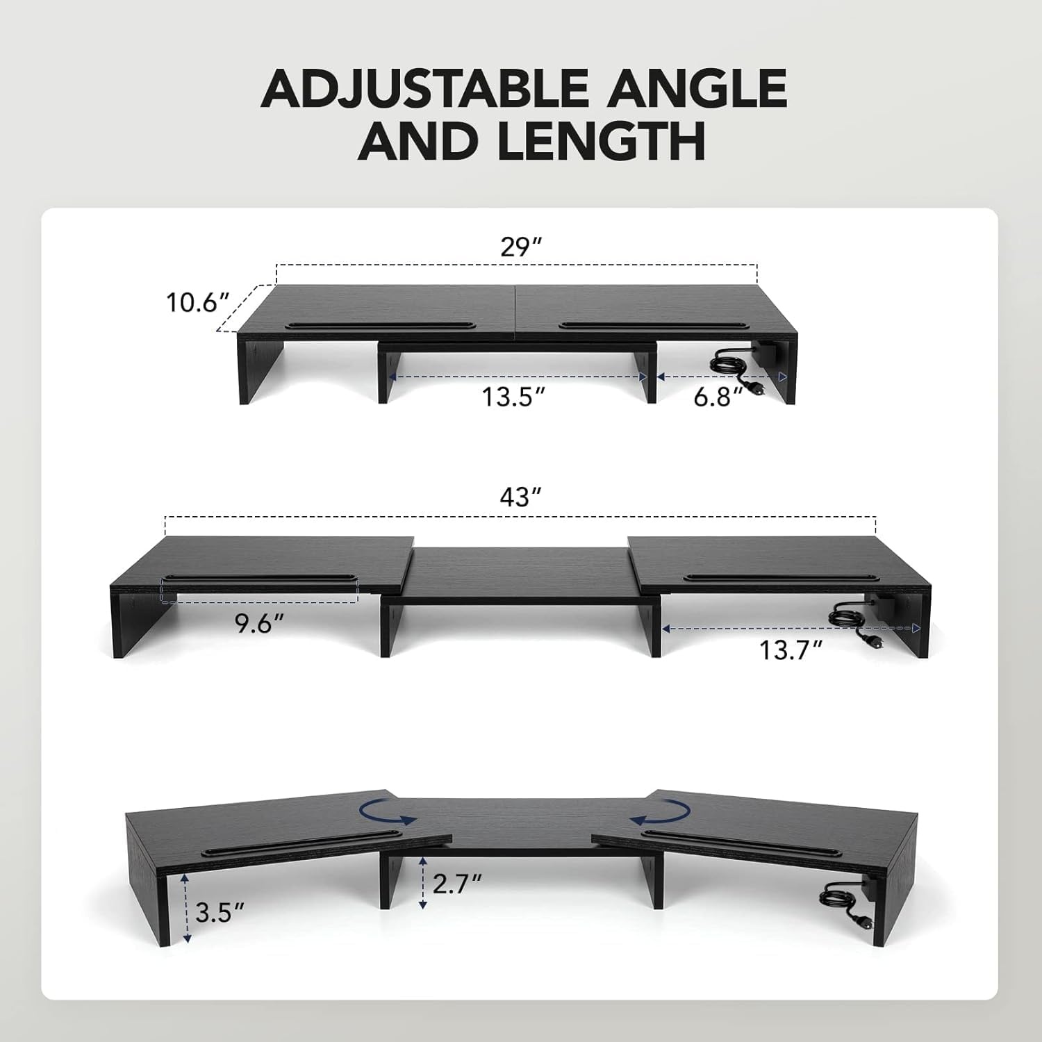 image:imageHUANUO Dual Monitor Stand Monitor Stand with USB ports Adjustable Length and Angle Dual monitor riser w Desktop Socket Monitor Stand Riser for PC Computer Laptop Black