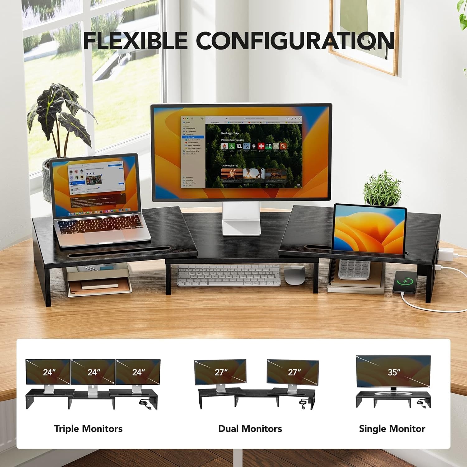 image:imageHUANUO Dual Monitor Stand Monitor Stand with USB ports Adjustable Length and Angle Dual monitor riser w Desktop Socket Monitor Stand Riser for PC Computer Laptop Black