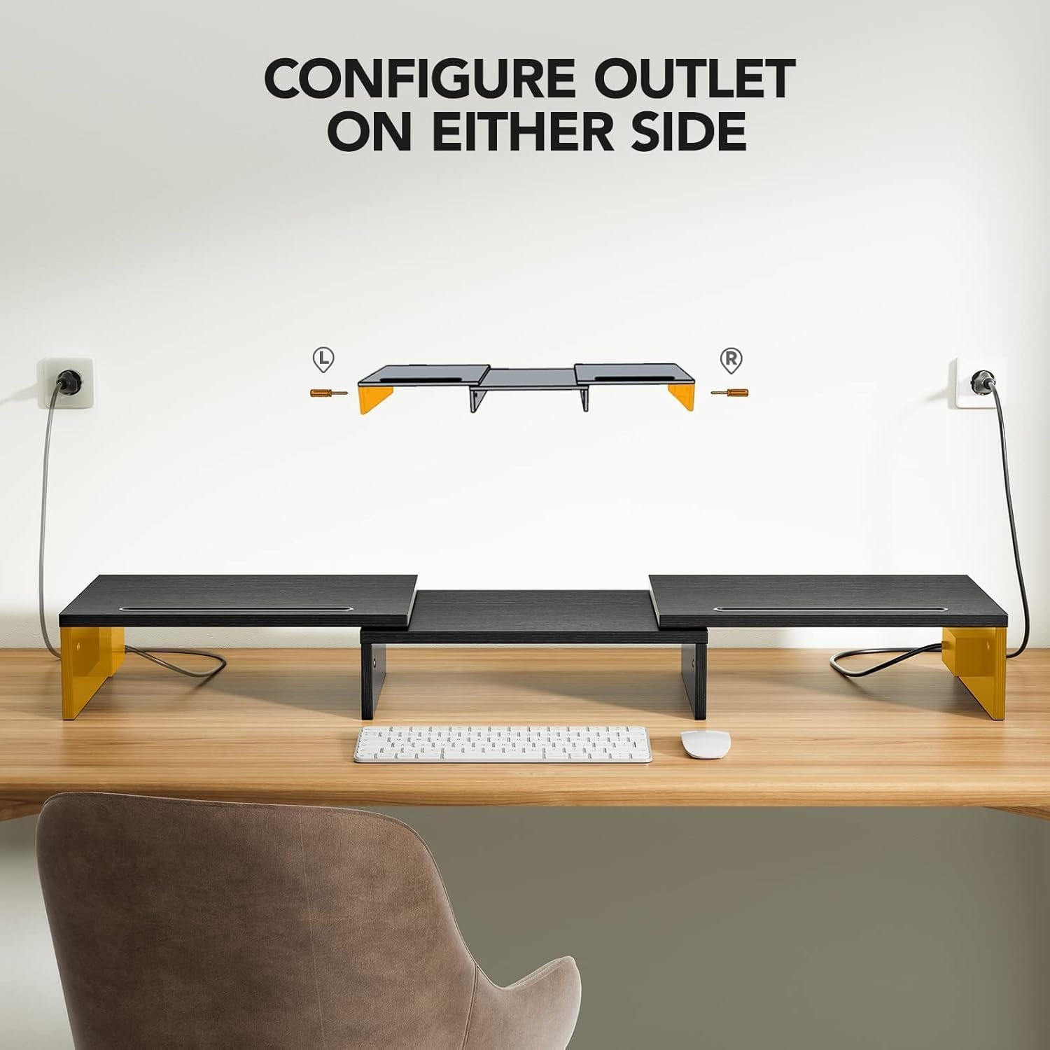 image:imageHUANUO Dual Monitor Stand Monitor Stand with USB ports Adjustable Length and Angle Dual monitor riser w Desktop Socket Monitor Stand Riser for PC Computer Laptop Black