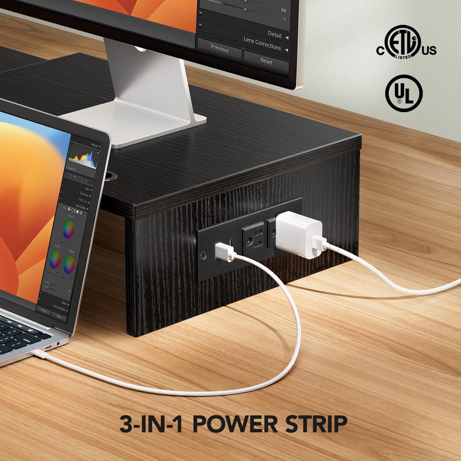 image:imageHUANUO Dual Monitor Stand Monitor Stand with USB ports Adjustable Length and Angle Dual monitor riser w Desktop Socket Monitor Stand Riser for PC Computer Laptop Black
