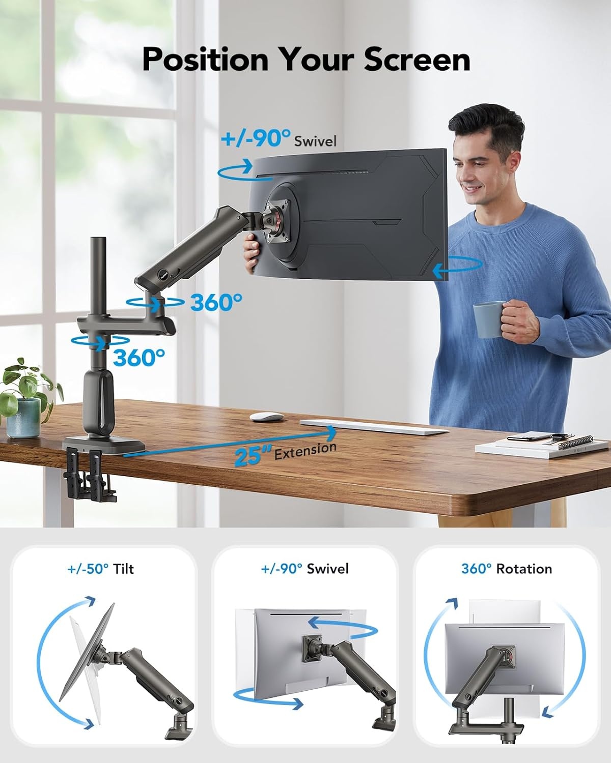 image:imageHUANUO Heavy Duty Monitor Arm for Ultrawide Screens up to 57 Holds 40 lbs Aluminum Ultrawide Single Monitor Stand with 291 Max Height Fully Adjustable Desk Mount Max VESA 100x100mmNonRGB