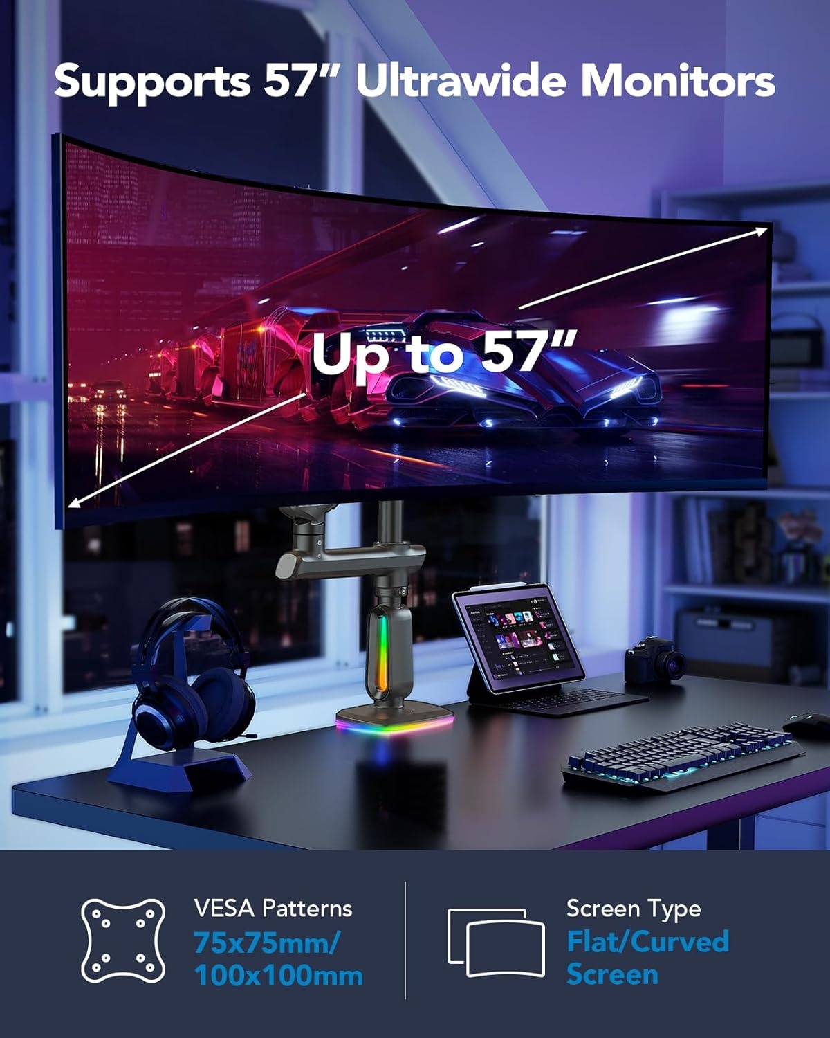 image:imageHUANUO Heavy Duty Monitor Arm for Ultrawide Screens up to 57 Holds 40 lbs Aluminum Ultrawide Single Monitor Stand with 291 Max Height Fully Adjustable Desk Mount Max VESA 100x100mmRGB