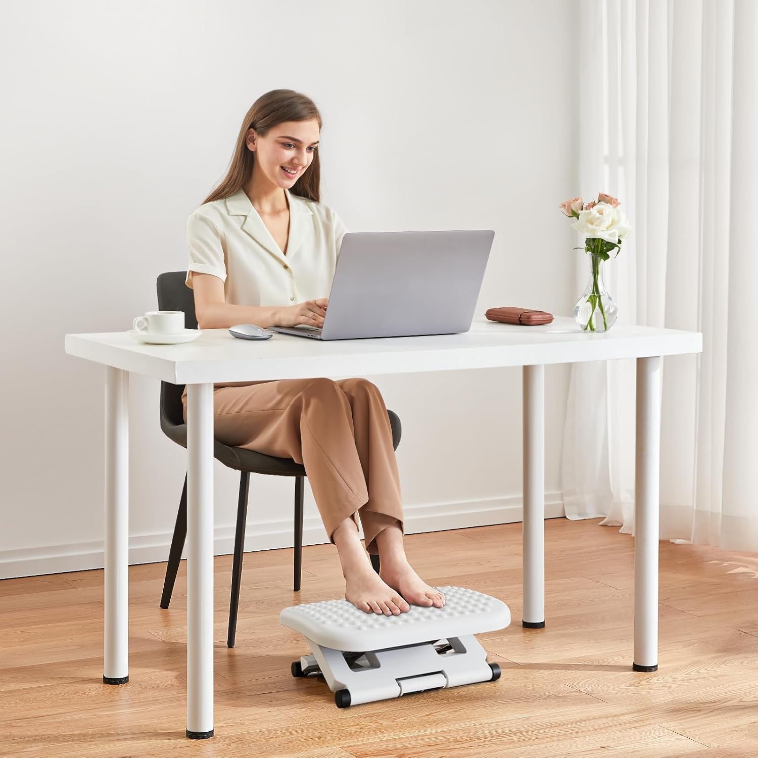image:imageHUANUO Office Workstation Set 2Piece Set Electric Standing Desk 48 inch WhiteFoot Rest for Under Desk at Work with Massage