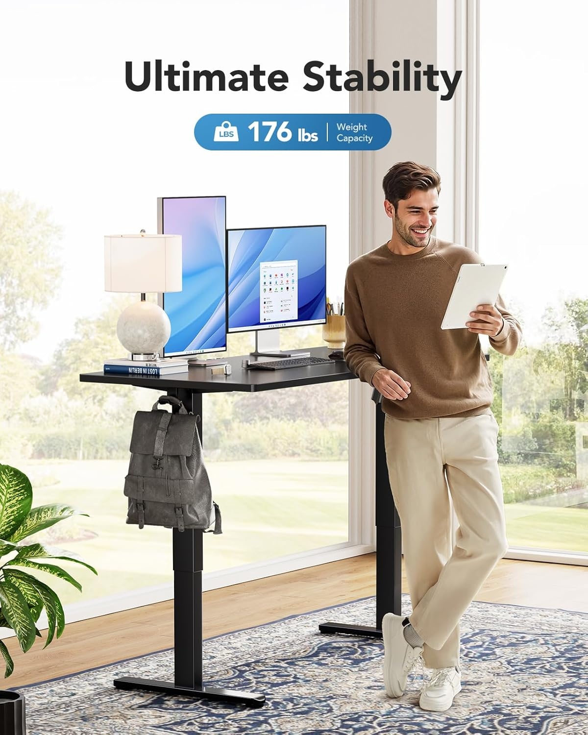 image:imageHUANUO Office Workstation Set 2Piece Set Standing Desk Black Monitor Arm for Max 40 inch Screen
