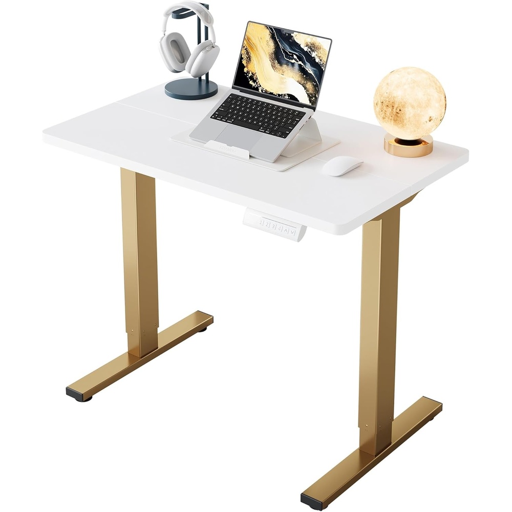 image:imageHUANUO 55 x 28 inch Electric Standing Desk Adjustable Height 4 Memory Height Settings Sit Stand Up Desk for Home Office amp Computer Workstation WhiteWhitegold Frame