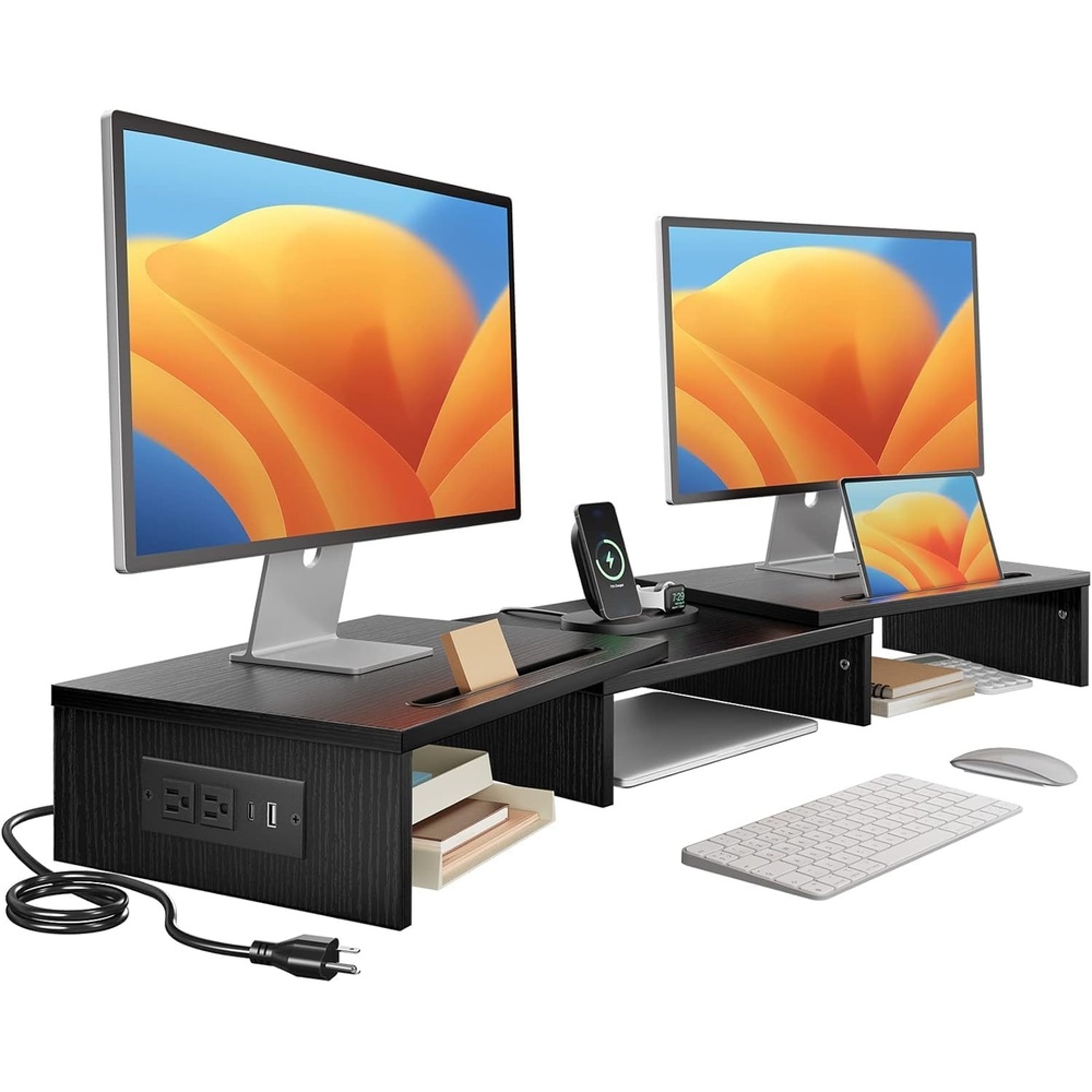 image:imageHUANUO Dual Monitor Stand Monitor Stand with USB ports Adjustable Length and Angle Dual monitor riser w Desktop Socket Monitor Stand Riser for PC Computer Laptop Black