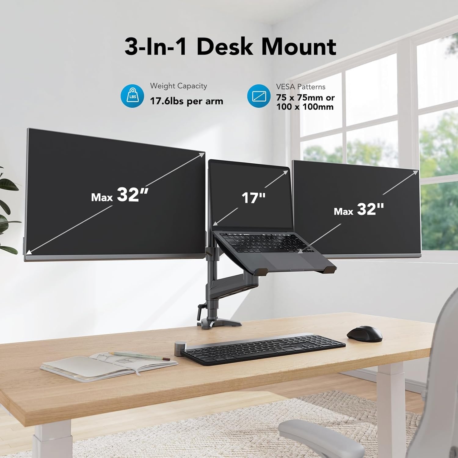image:imageHUANUO Dual Monitor and Laptop Mount for Max 32 Monitor and 17 Laptop Adjustable Arm with Tilt Swivel and Rotation Dual Monitor and Notebook Stand with VESA Bracket 75100 mm