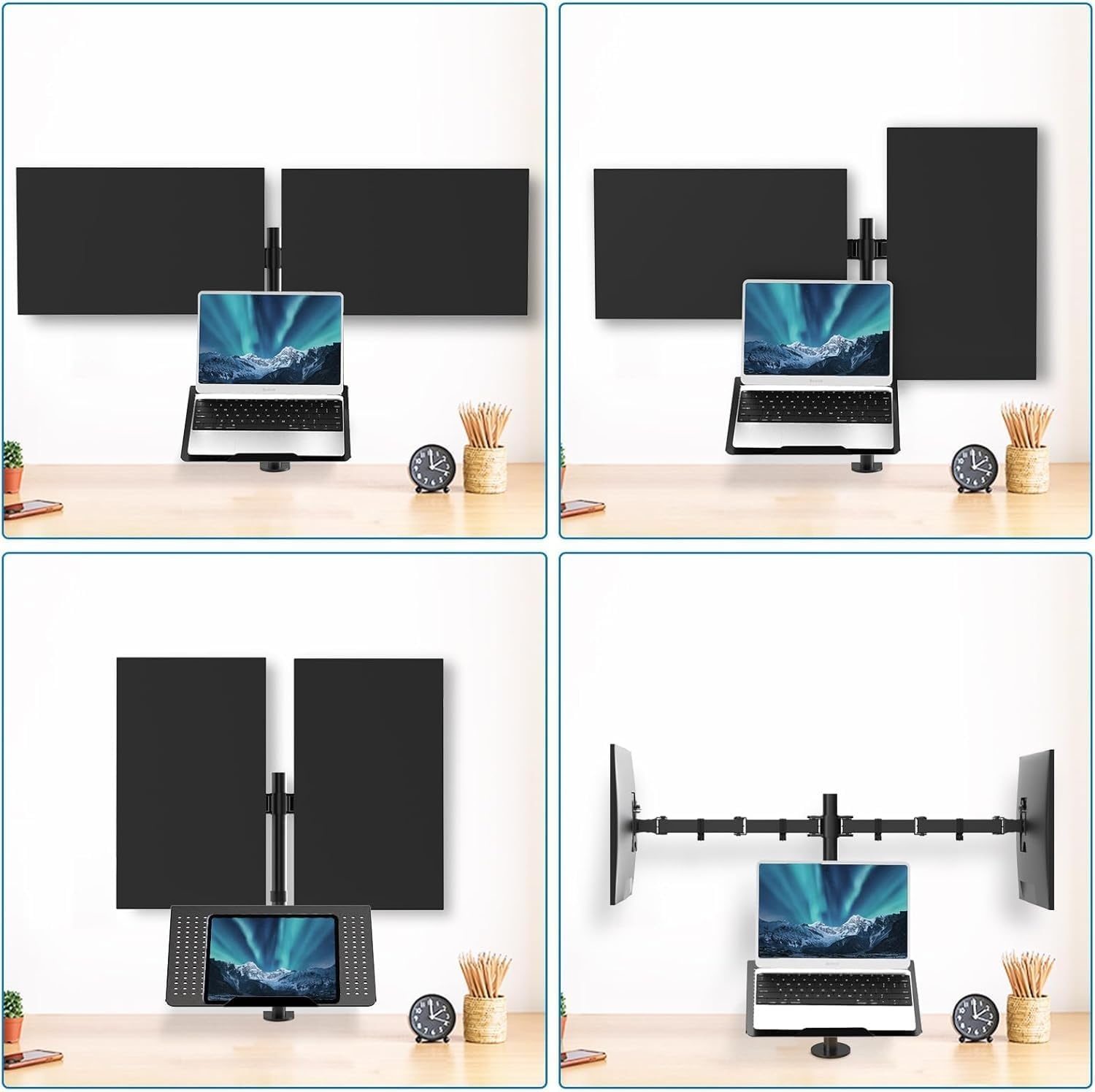 image:imageHUANUO Laptop Mount Height Adjustable Dual Monitor Mount with Laptop Keyboard Tray Fit Two 13 to 27 Inch Flat Curved Computer Screens and 10 to 17 Inch Notebooks