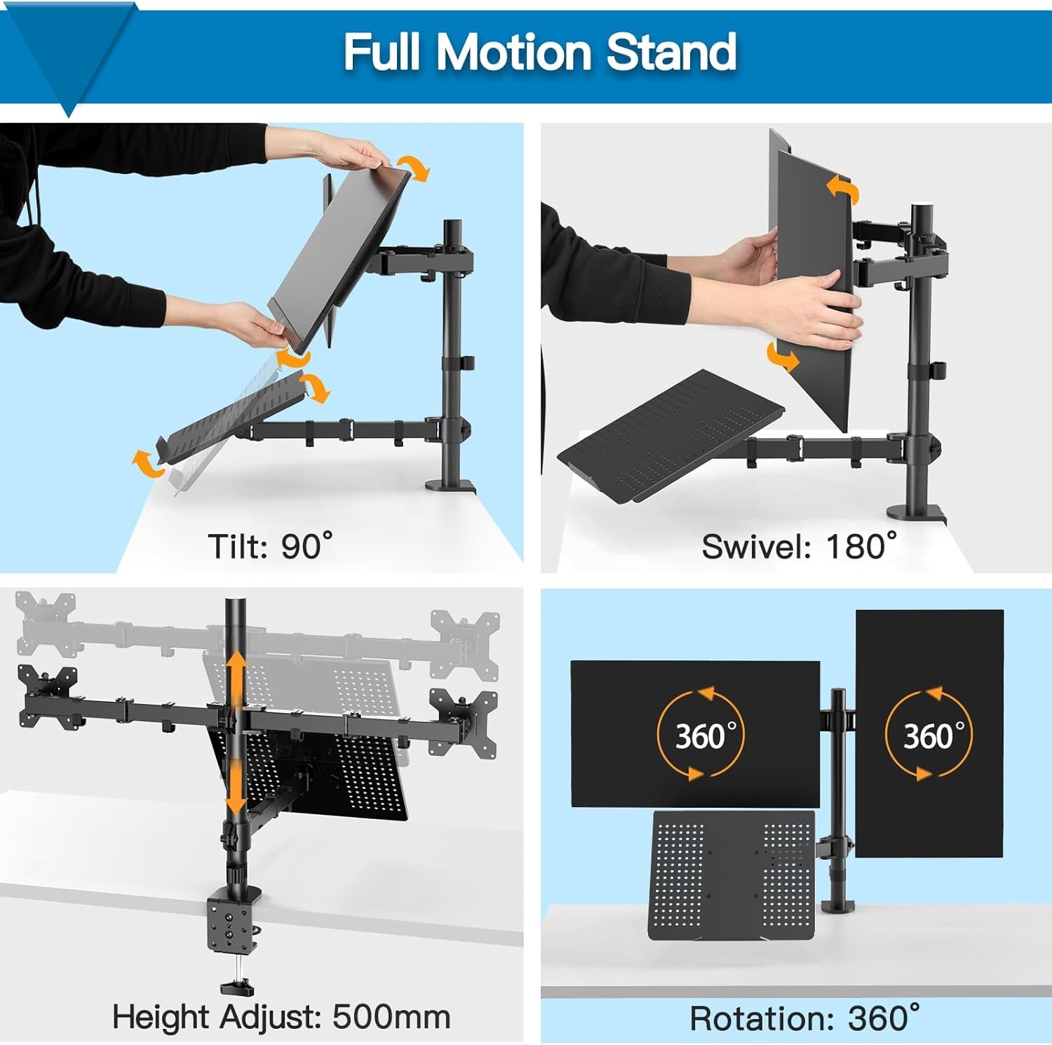image:imageHUANUO Laptop Mount Height Adjustable Dual Monitor Mount with Laptop Keyboard Tray Fit Two 13 to 27 Inch Flat Curved Computer Screens and 10 to 17 Inch Notebooks
