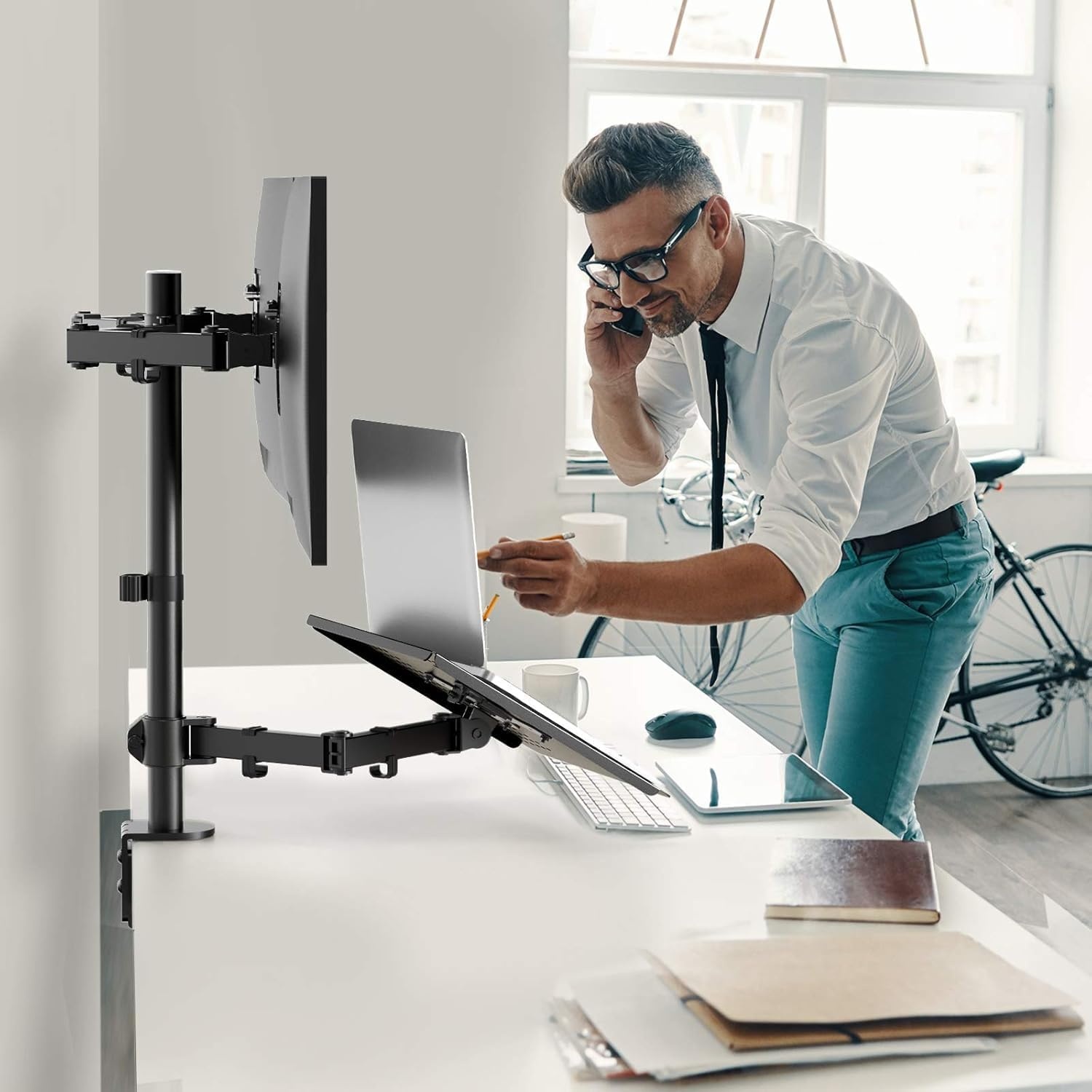 image:imageHUANUO Laptop Mount Height Adjustable Dual Monitor Mount with Laptop Keyboard Tray Fit Two 13 to 27 Inch Flat Curved Computer Screens and 10 to 17 Inch Notebooks