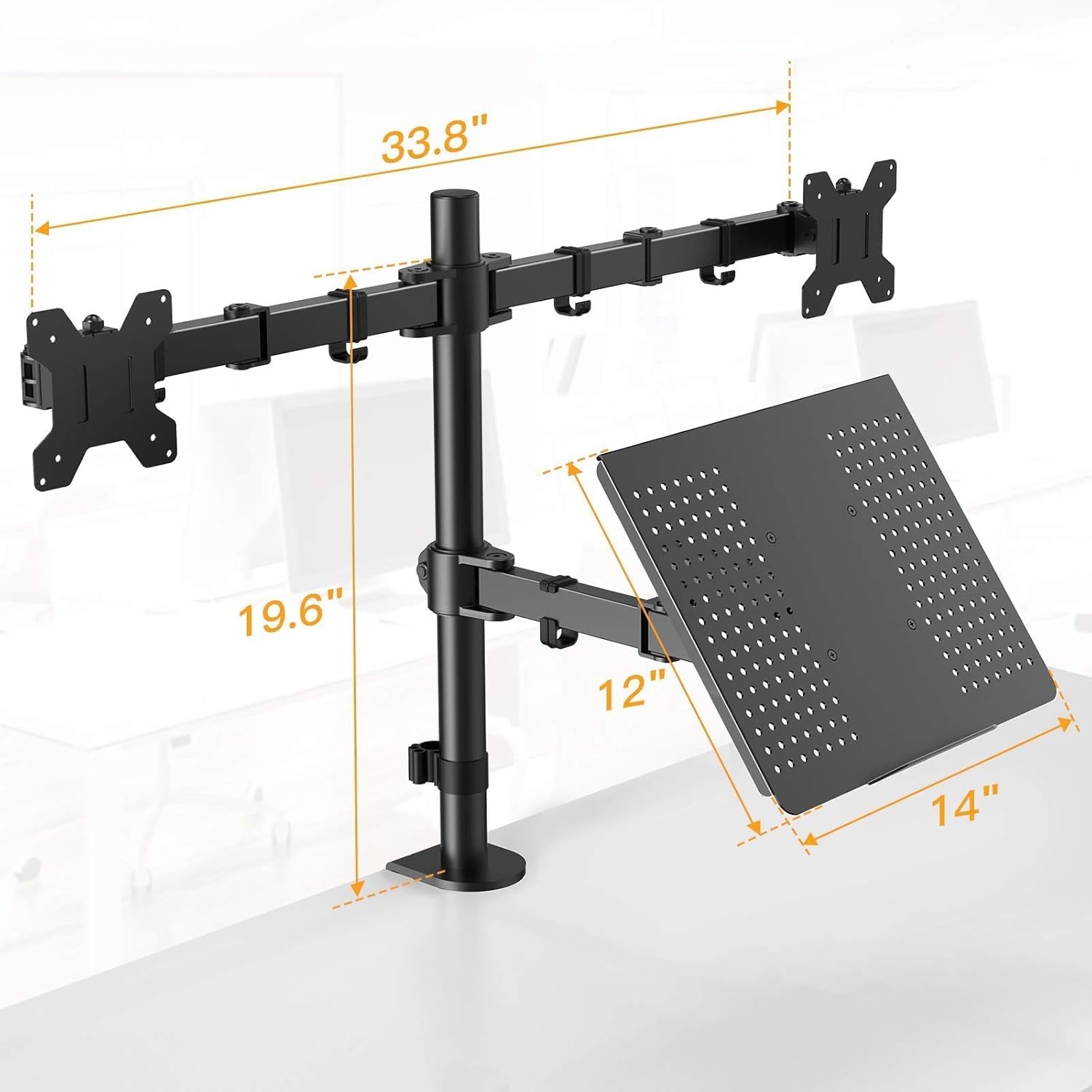 image:imageHUANUO Laptop Mount Height Adjustable Dual Monitor Mount with Laptop Keyboard Tray Fit Two 13 to 27 Inch Flat Curved Computer Screens and 10 to 17 Inch Notebooks