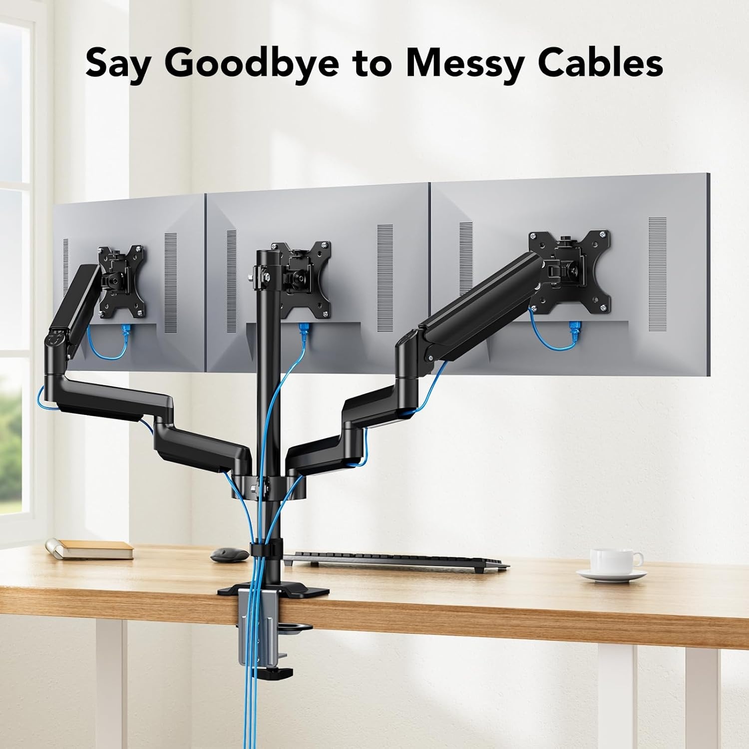image:imageHUANUO Triple Monitor Mount for 1327 inch Computer Screens Gaming 3 Monitor Desk Mount with Arm Holds 198lbs Triple Monitors Stand with Tilt Swivel Rotation VESA 75x75 100x100mm