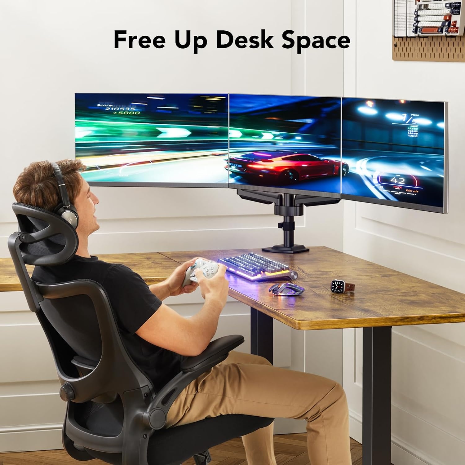 image:imageHUANUO Triple Monitor Mount for 1327 inch Computer Screens Gaming 3 Monitor Desk Mount with Arm Holds 198lbs Triple Monitors Stand with Tilt Swivel Rotation VESA 75x75 100x100mm