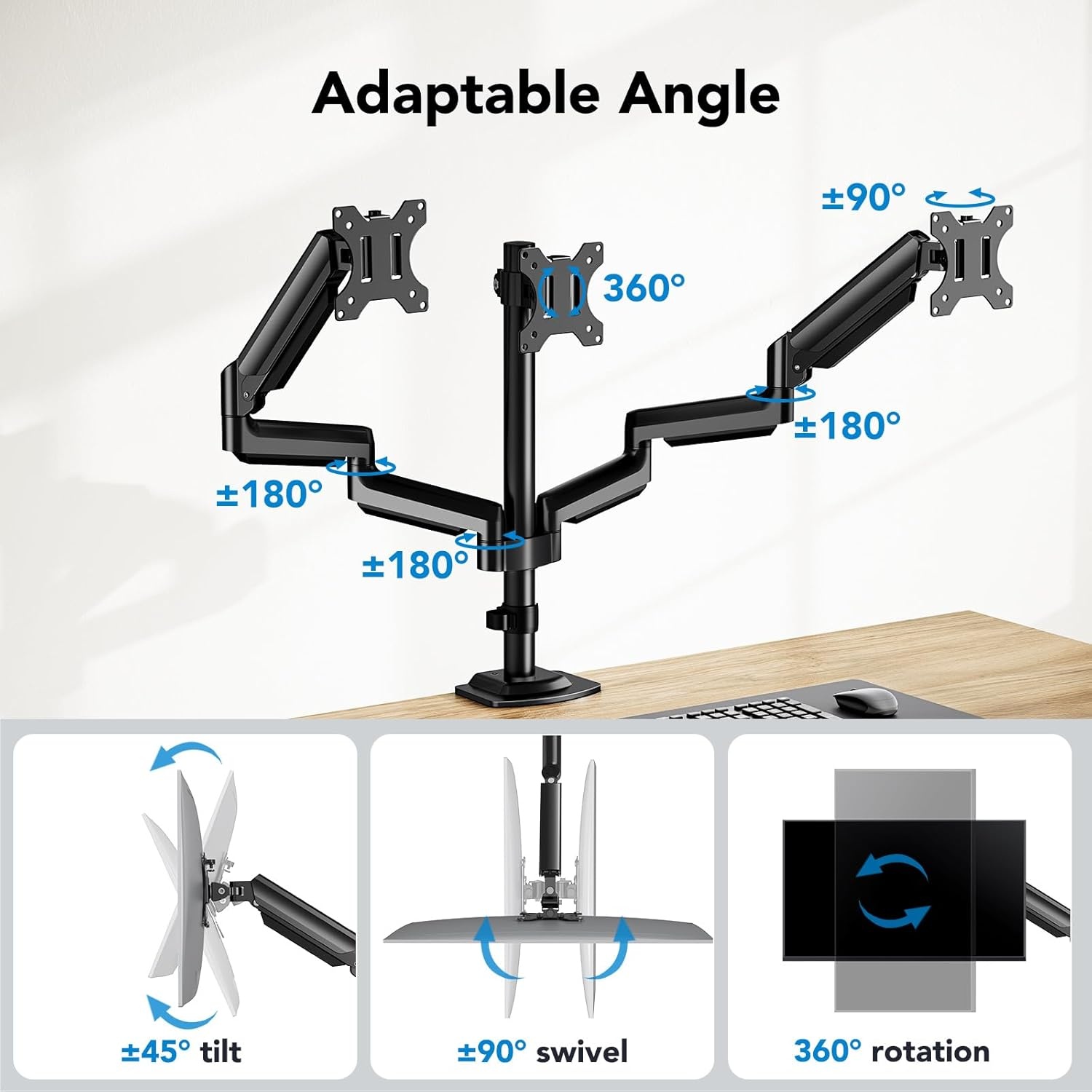 image:imageHUANUO Triple Monitor Mount for 1327 inch Computer Screens Gaming 3 Monitor Desk Mount with Arm Holds 198lbs Triple Monitors Stand with Tilt Swivel Rotation VESA 75x75 100x100mm