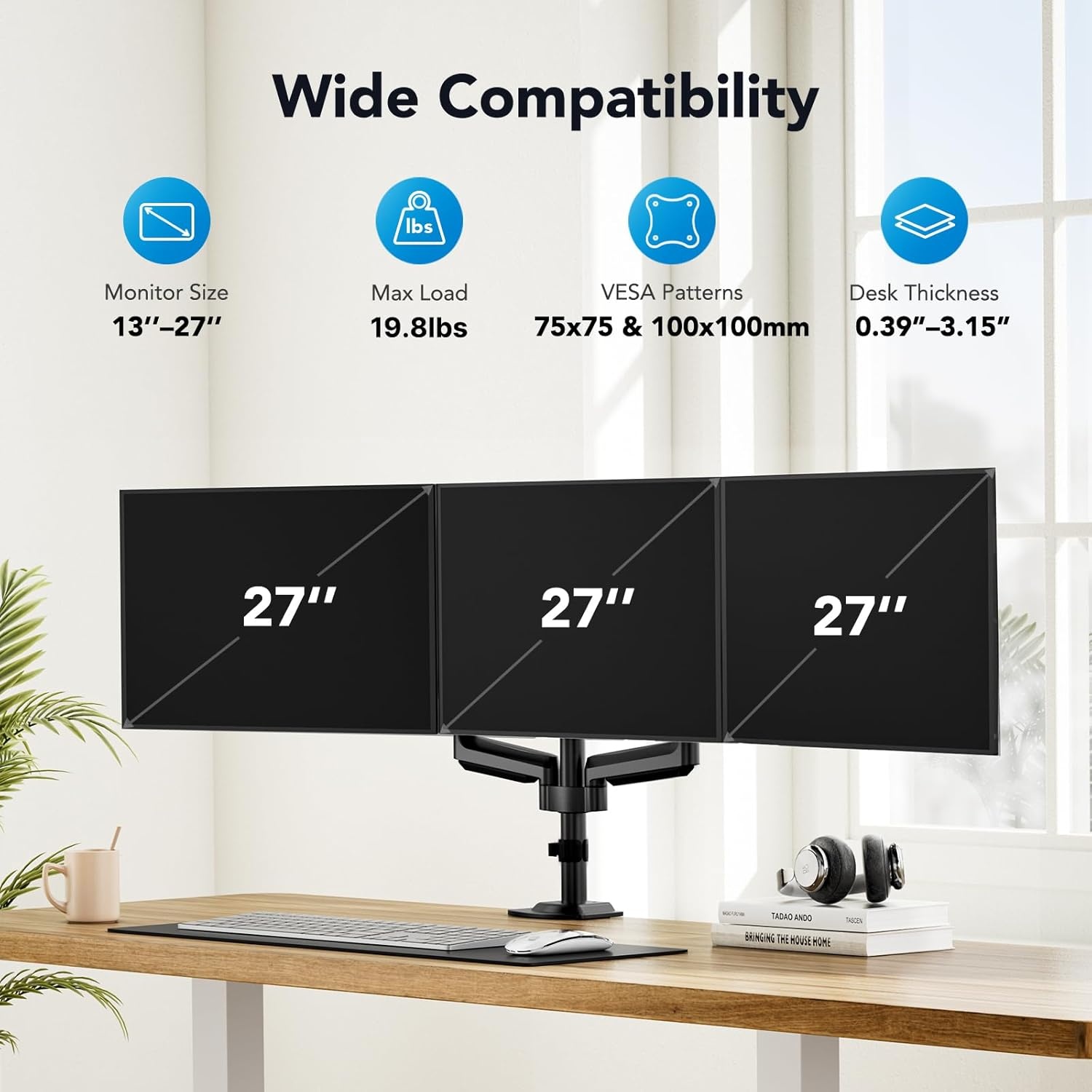 image:imageHUANUO Triple Monitor Mount for 1327 inch Computer Screens Gaming 3 Monitor Desk Mount with Arm Holds 198lbs Triple Monitors Stand with Tilt Swivel Rotation VESA 75x75 100x100mm