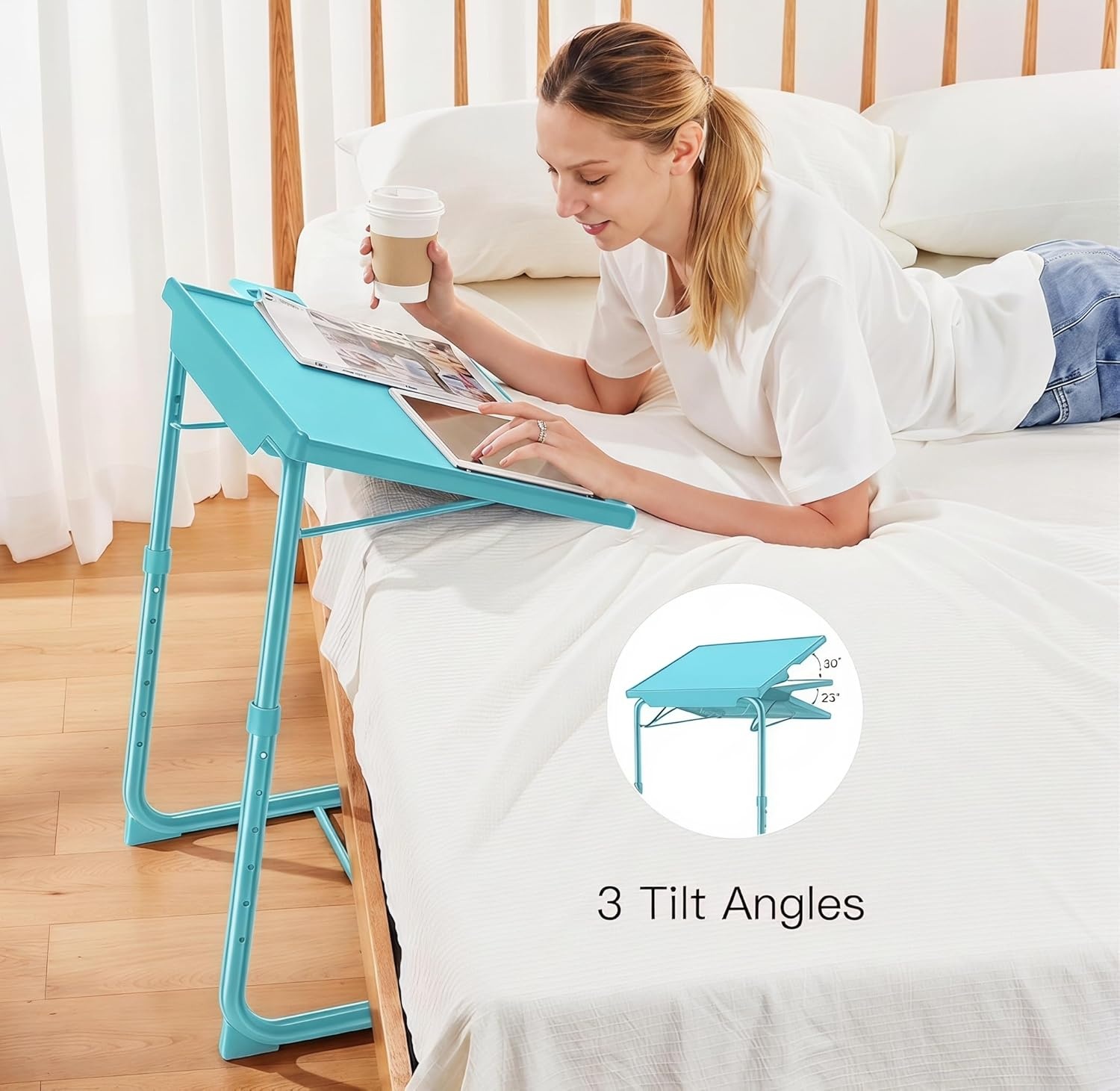 image:imageHUANUO Adjustable TV Tray Foldable TV Tray Table with 6 Height amp 3 Tilt Angle Adjustments TV Dinner Tray with Cup Holder for Couch Bed Sofa and Chair BlackAzure