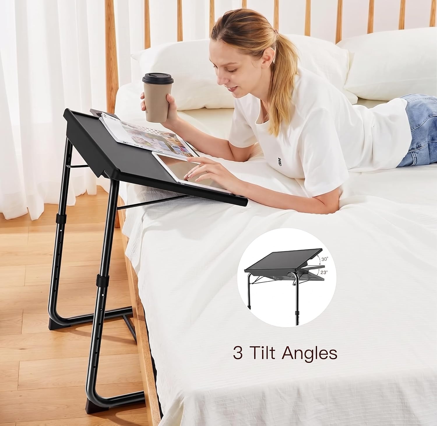 image:imageHUANUO Adjustable TV Tray Foldable TV Tray Table with 6 Height amp 3 Tilt Angle Adjustments TV Dinner Tray with Cup Holder for Couch Bed Sofa and Chair BlackBlack