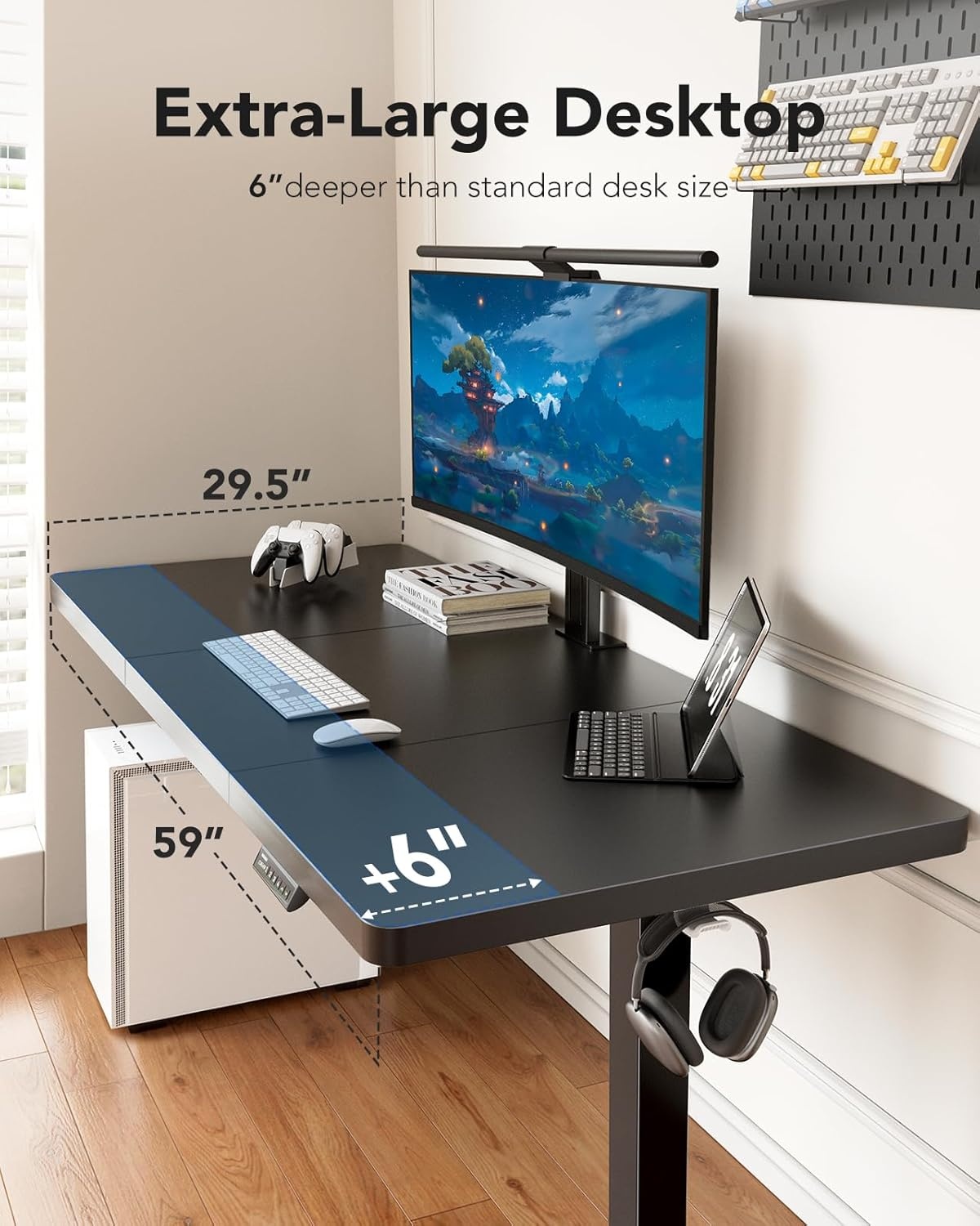 image:imageHUANUO 59x30 Inch 3Stage Legs Electric Standing Desk Large Height Adjustable Office Desk with Brushless Motor Stand Up Desk with 4 Memory Presets amp 2 Hooks Computer Desk for Home Office BlackBlack