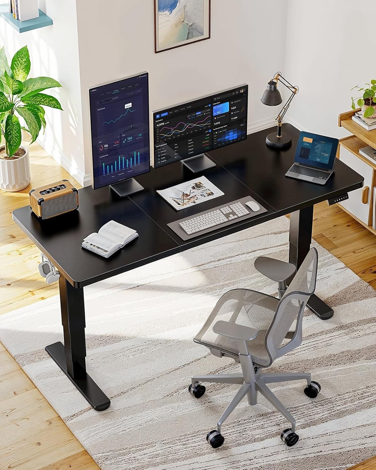 image:imageHUANUO 59x30 Inch 3Stage Legs Electric Standing Desk Large Height Adjustable Office Desk with Brushless Motor Stand Up Desk with 4 Memory Presets amp 2 Hooks Computer Desk for Home Office BlackBlack