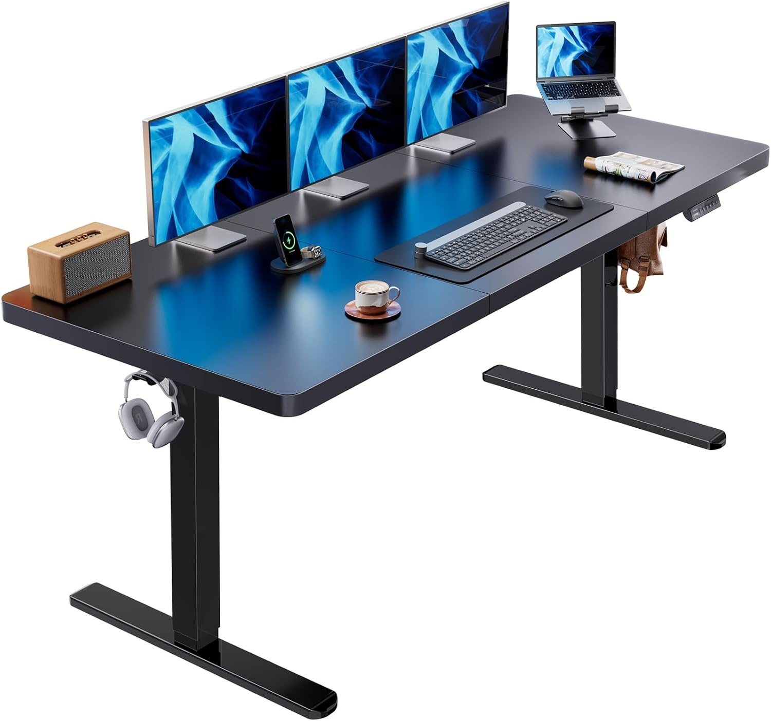 image:imageHUANUO 59x30 Inch 3Stage Legs Electric Standing Desk Large Height Adjustable Office Desk with Brushless Motor Stand Up Desk with 4 Memory Presets amp 2 Hooks Computer Desk for Home Office BlackBlack