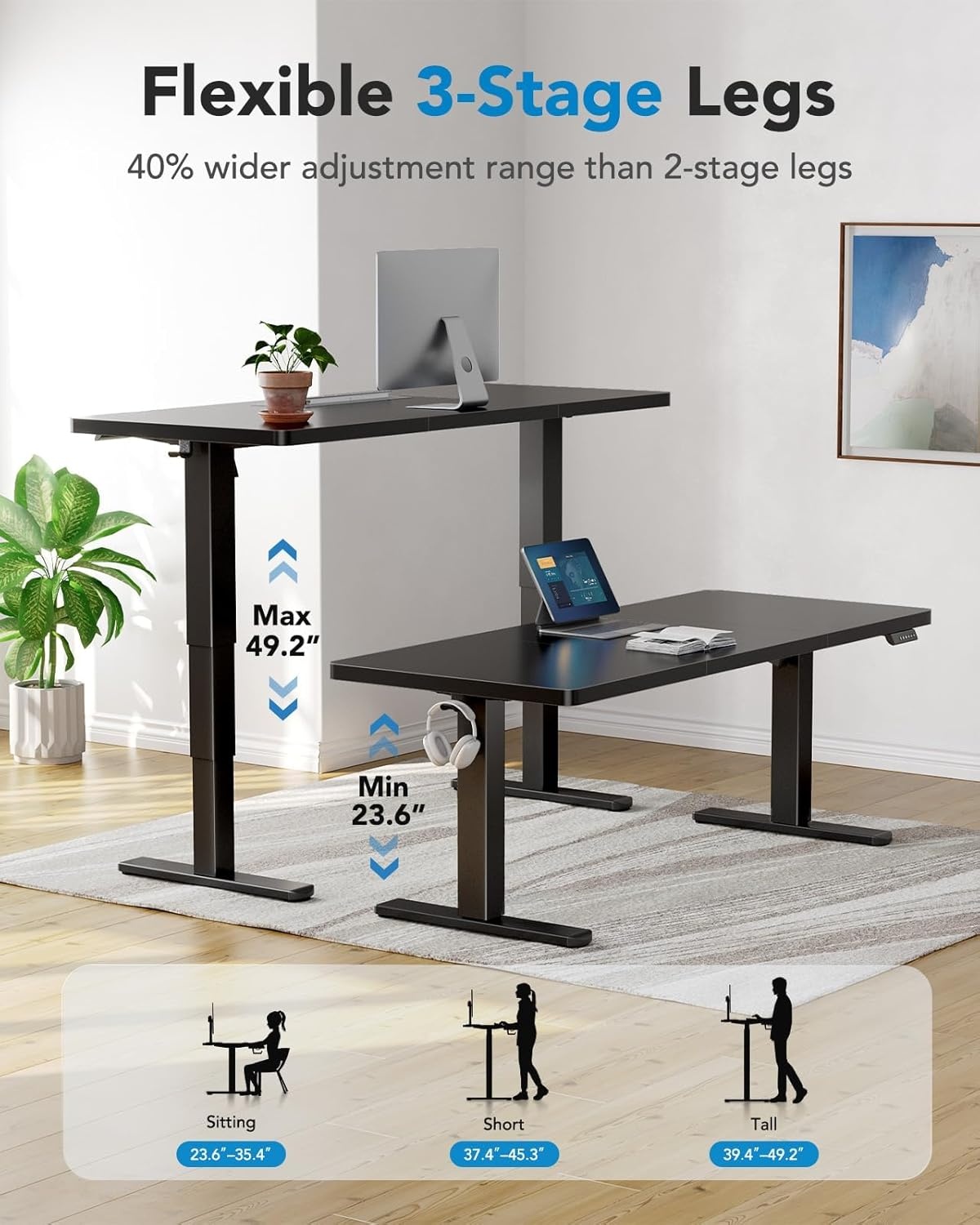 image:imageHUANUO 59x30 Inch 3Stage Legs Electric Standing Desk Large Height Adjustable Office Desk with Brushless Motor Stand Up Desk with 4 Memory Presets amp 2 Hooks Computer Desk for Home Office BlackBlack