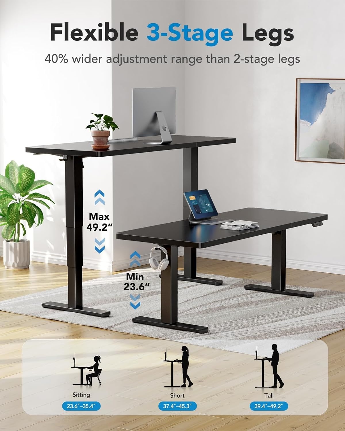 image:imageHUANUO 59x30 Inch 3Stage Legs Electric Standing Desk Large Height Adjustable Office Desk with Brushless Motor Stand Up Desk with 4 Memory Presets amp 2 Hooks Computer Desk for Home Office BlackBlack