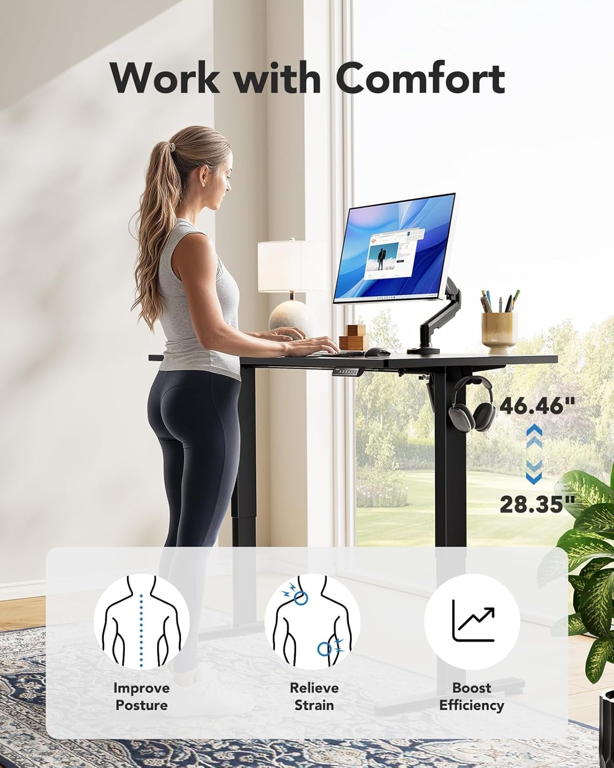 image:imageHUANUO Electric Standing Desk Whole Piece Desktop Adjustable Height Computer Desk 4 Height Memory Settings Sit Stand Up Desk for Home Office 40 x 24 BlackBlack