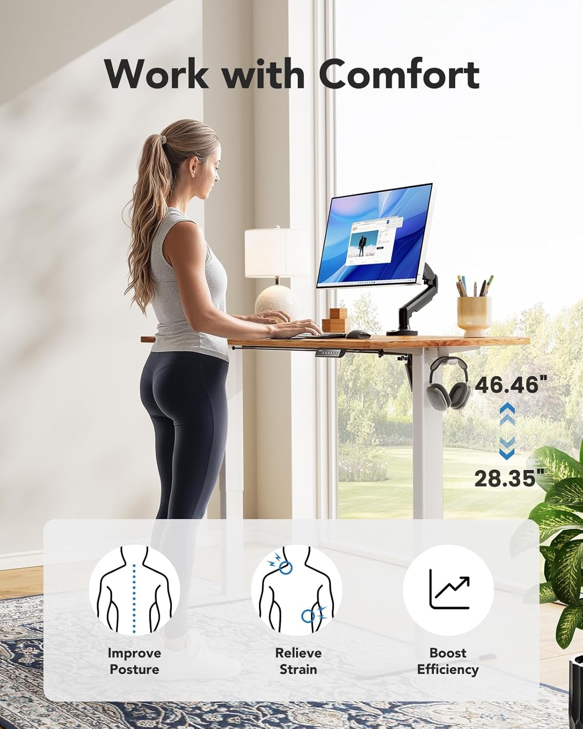 image:imageHUANUO Electric Standing Desk Whole Piece Desktop Adjustable Height Computer Desk 4 Height Memory Settings Sit Stand Up Desk for Home Office 40 x 24 BlackLight Vintage