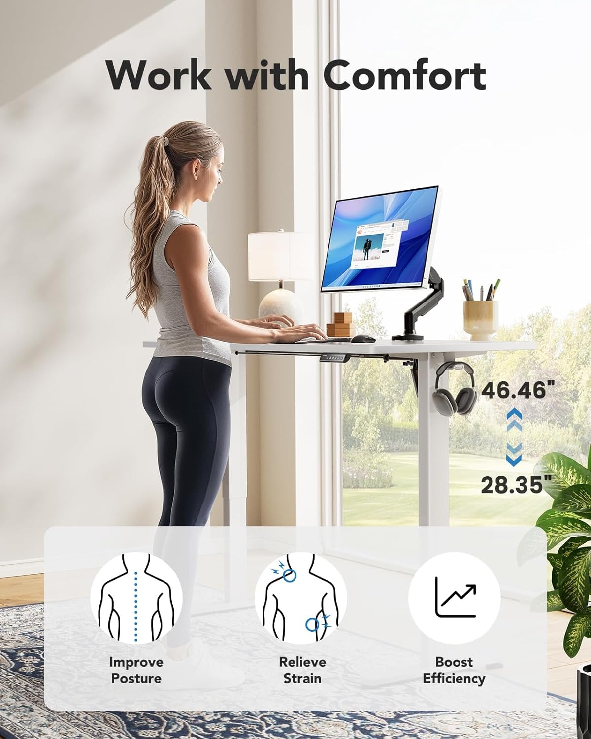 image:imageHUANUO Electric Standing Desk Whole Piece Desktop Adjustable Height Computer Desk 4 Height Memory Settings Sit Stand Up Desk for Home Office 40 x 24 BlackWhite